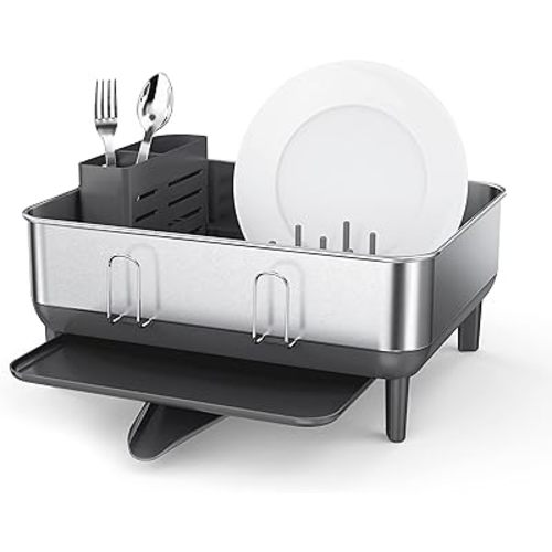 simplehuman Steel Frame Dishrack, Compact Dish Drying Rack for Small Kitchens, 360º Easy Drain Swivel Spout, Anti-Residue Coating, Moisture Control Surface, Brushed Stainless Steel