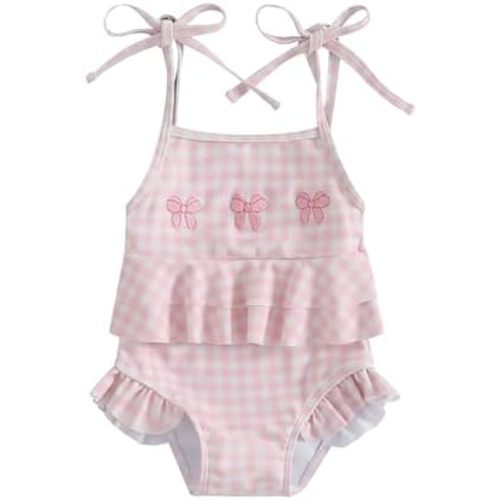 Toddler Baby Girl One Piece Swimsuit Rash Guard Plaid Bow Halter Bikini Ruffle Sleeveless Tutu Bathing Suit Swimwear