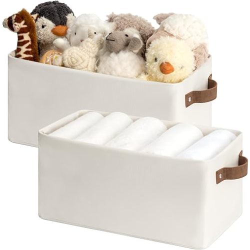 StorageWorks Narrow Storage Bins, Small Basket for Closet and Shelves, Rectangular Fabric Organizer with Handles, Toilet Paper Storage, Beige, 2-Pack