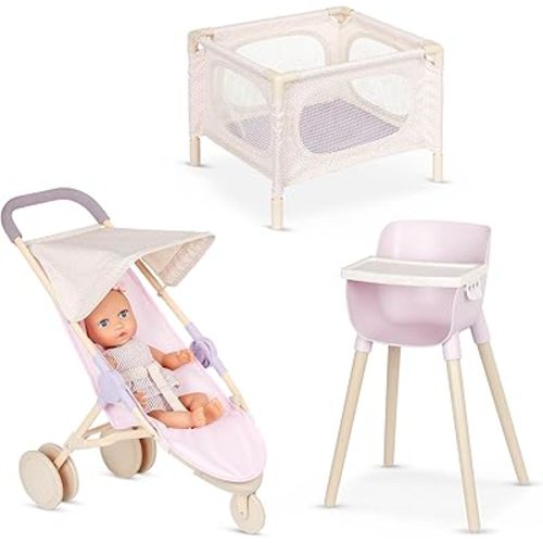 LullaBaby – 14-Inch Realistic Baby Doll & Accessory Bundle – Fair Skin Tone & Blue Eyes – Nursery Care Set – High Chair, Playpen & Jogger Stroller – Pretend Play Toys – Kids 2+ Years
