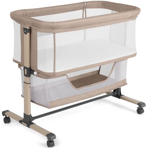 Cowiewie Bassinet Bedside Sleeper, Portable, Breathable, Adjustable Baby Bedside Bassinet for Peaceful Nights, Beige