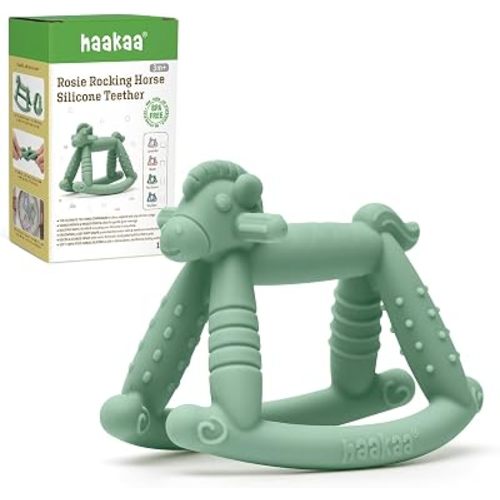haakaa Silicone Baby Teether Toys, Rosie Rocking Horse Shape with Multiple Textured Surfaces for Gum Massage, Easy to Grip and Chew - Pea Green