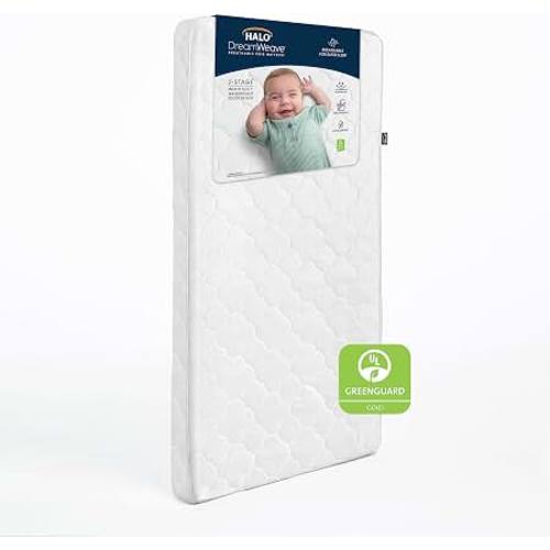 HALO DreamWeave Crib & Toddler Mattress - 100% Breathable Mattress and Core, Dual Sided 2-Stage Design, Machine Washable Cover, Hypoallergenic, Open Strand Polymer Core, Greenguard Cert.