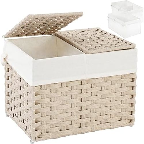 SETVSON Storage Basket with Lid Woven Wicker Baskets with 2 Separate Lid, 9.2 Gallon (35 L) Wicker Storage Bins with Handles, Foldable and 2 Removable Liner Bags for Bedroom, Laundry Room Light Khaki