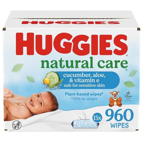 Huggies Natural Care Cucumber, Aloe and Vitamin E Baby Wipes, Hypoallergenic, Scented, 15 Flip-Top Packs (960 Wipes Total), Packaging May Vary