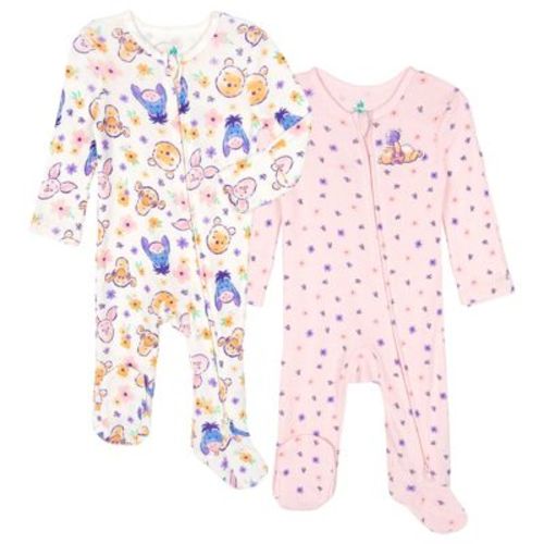 Disney Winnie the Pooh Newborn Baby Girls 2 Pack Ribbed Sleep N' Plays 2-Way Zip Pink / Cream 3-6 Months