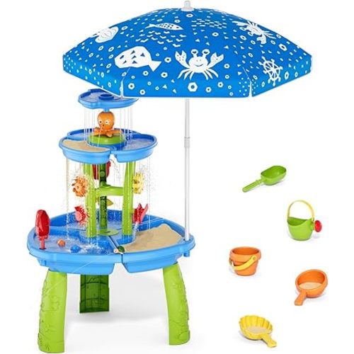 HYES Water Table for Toddlers 3-5, 3-Tier 6 Zones Water Sand Table with Umbrella, Rain Showers Splash Pond Toys for Outdoor Beach Backyard Summer, Kids Activity Sensory Playset for Boys Girls, Blue