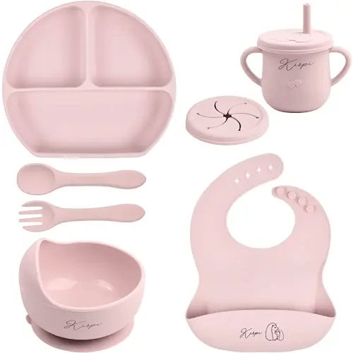 Baby Led Weaning Supplies - Kirpi Baby Feeding Set - Silicone Suction Bowls, Divided Plates, Sippy and Snack Cup - Toddler Self Feeding Eating Utensils Set with Bibs, Spoons, Fork - 6 Months (Pink)
