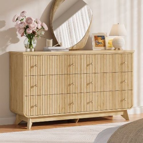 Angel Sar 55" Fluted Dresser for Bedroom, 6 Drawer Dresser with Base Arched Design, Gold Handles & Sturdy Wood Legs, Wood Dresser for Closet
