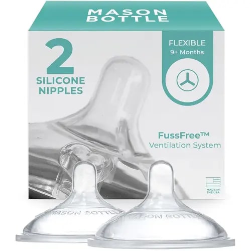 Mason Bottle Flexible Flow Nipples (6+ Months) – Silicone Baby Bottle Nipples, Fits Any Regular-Mouth Mason Jars – Wide Natural Shape, BPA-Free, Non-Toxic, Made in USA (2-Pack)