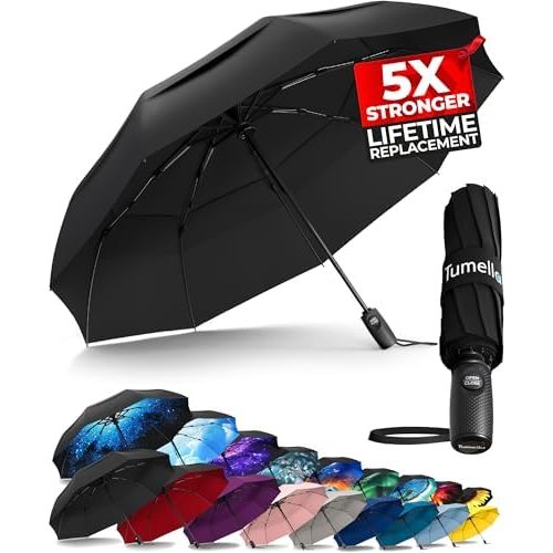 TUMELLA Strongest Windproof Travel Umbrella (Compact, Superior & Beautiful), Small Strong but Light Portable and Automatic Folding Rain Umbrella, Durable Premium Grip, Fits Car & Backpack