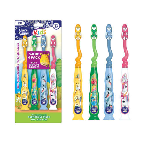 GuruNanda Fun Animals Kids' Toothbrush with Suction Cup (4-Pack)