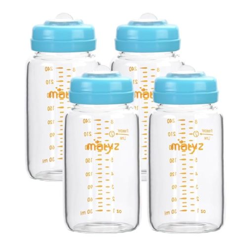 Matyz Glass Breastmilk Storage Bottles, 4 Pack, 8 oz, Sturdy Glass Bottle for Milk Freezing and Baby Feeding - Large Pumping Bottle for Philips Medela Spectra Breast Pumps - No BPA (Blue Lids)