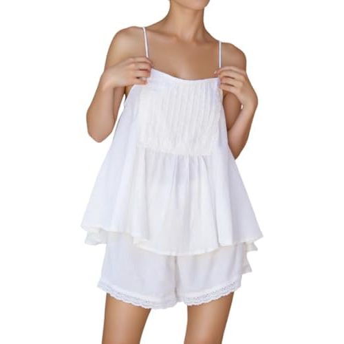Womens Summer 2 Piece Short Sets Sleeveless Ruffle Trim Top and Shorts Cotton Pajamas Set