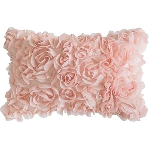 MIULEE 3D Decorative Romantic Valentines Stereo Chiffon Rose Flower Throw Pillow Cover Solid Pillowcase for Girl Women Wedding Sofa Bedroom Car Spring Decor 12x20 Inch 30x50cm Peach Pink