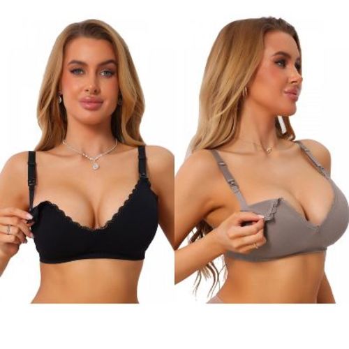 INSPIRE CHIC Women's Nursing Bra Deep V Lace Trim Seamless Wireless Maternity Bralette 2 Packs 1 Black+1 Light Brown XX-Large