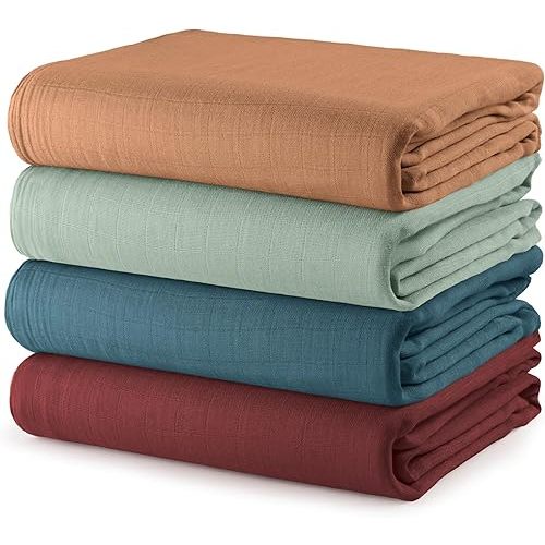 Comfy Cubs Muslin Swaddle Blankets Pack of 4, 47 x 47 Inches, Soft Cotton - Wine, Neptune, Fern, Caramel