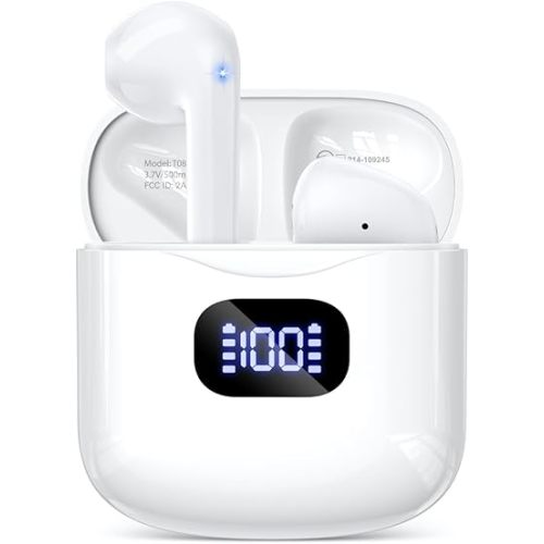 Wireless Earbuds Bluetooth 5.3 Headphones, 40Hrs Playback Stereo Ear Buds with LED Display Charging Case IPX7 Waterproof in-Ear Earphones with Mic for Phone Tablet Laptop Sports, White