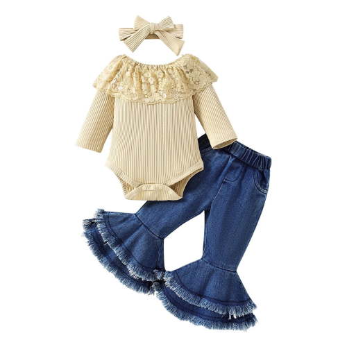 Baby Girl Fall Winter Clothes Newborn Baby Lace Romper Flare Pants Set Infant Outfits