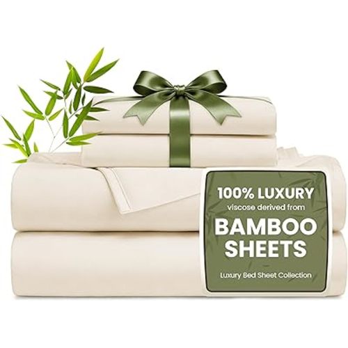 Love's cabin 4 Piece Queen Sheet Set, 100% Rayon Derived from Bamboo, Cooling & Breathable, Soft Silky Deep Pocket up to 16", Hotel Luxury Bedding for Hot Sleepers, Beige