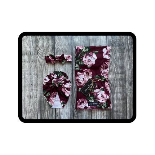 Newborn Bringing Home Baby Girl Set  Mauve Floral on Wine Swaddle Set with Headband and Turban Knot Hat Options