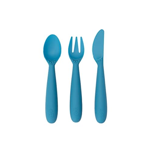ezpz Happy Utensils (Blue) - 24 Months+ - BPA Free Toddler - Fork, Spoon and Knife for Toddlers and Preschoolers - Kids Utensils for Self-Feeding Development