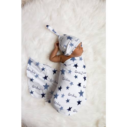 Personalized Baby Swaddle Blanket and Hat, Boy Gift, Navy Blue Stars