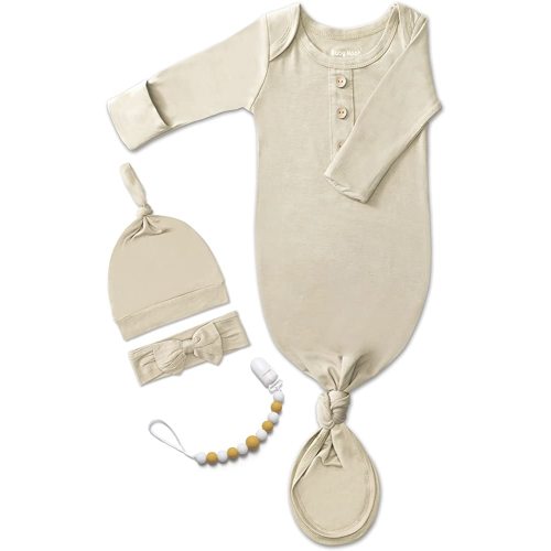 Newborn Baby Knotted Gown, Super Soft Silky Infant Sleeper, Baby Girl Sleep Gown with Mittens, Bow, Clip and Hat Set