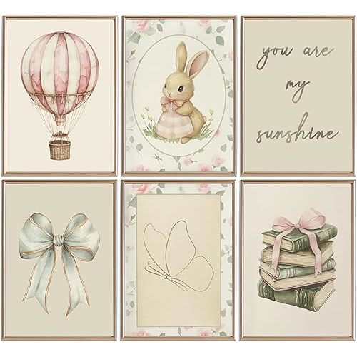 JJN 6pcs Vintage Nursery Wall Art Green Bunny Butterfly Bow Wall Decor Prints Nursery Bow Canvas Poster Baby Girl Room Rabbit Picture Vintage Painting for Girl Bedroom Unframed