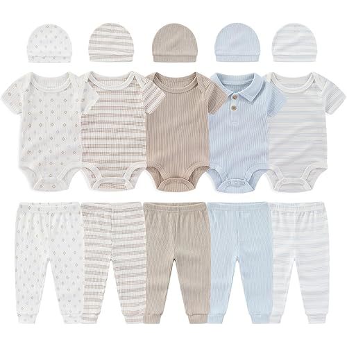3-6 Months Unisex Baby Pants Sets New born Bodysuit and Hats 15 Pack Boy Girl Infant Comfort Outfit Clothes