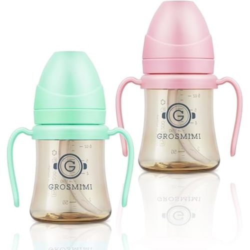 GROSMIMI Spill Proof Magic Sippy Cup with Straw with Handle for Baby and Toddlers, PPSU, BPA Free 6 oz. 2-pack (Pink & Aqua Green)