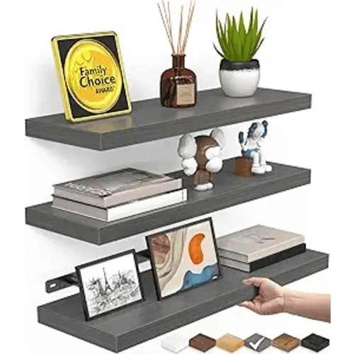 BAYKA Grey Floating Shelves for Wall, Set of 3, Wall Mounted Rustic Wood Shelves for Bathroom, Bedroom, Living Room, Kitchen, Small Hanging Shelf for Books/Storage/Room Decor, 15.7in