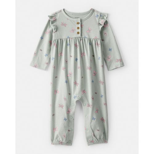 Baby Girl Butterfly Ruffle Cotton Long-Sleeve Jumpsuit - Green | Carter's
