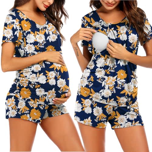 Ekouaer Women's Maternity Nursing Pajamas Set Breastfeeding Sleepwear Double Layer Short Sleeve Top & Shorts Pregnancy PJS
