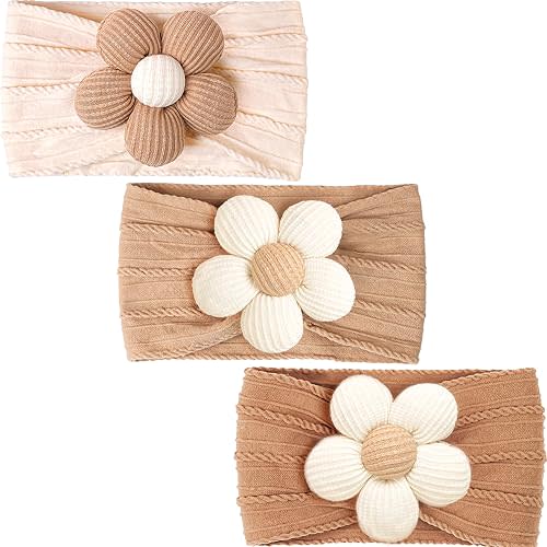 CÉLLOT 3 Pcs Baby Flower Headbands Baby Girls Nylon Headbands Soft Stretchy Headwear Hair Accessories for Newborn Infant Toddler Kids (Beige Ginger Khaki)
