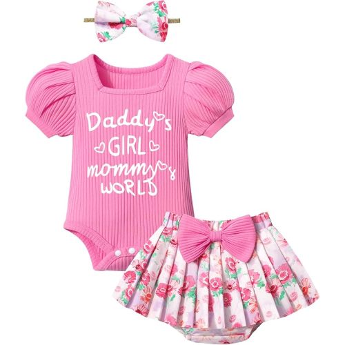 KANGKANG Baby Girl Clothes Short-sleeve Square Neck Romper + Floral Pleated Skirts Shorts Headband Spring Summer Outfits