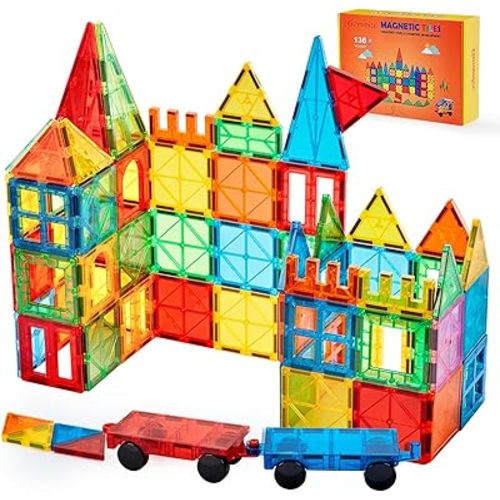 Gemmicc Magnetic Tiles, Deluxe 136 PCS Building Blocks Magnet Toys for Kids,3D Magnet Puzzles Stacking Blocks for Boys Girls,Huge Set with 2 Cars