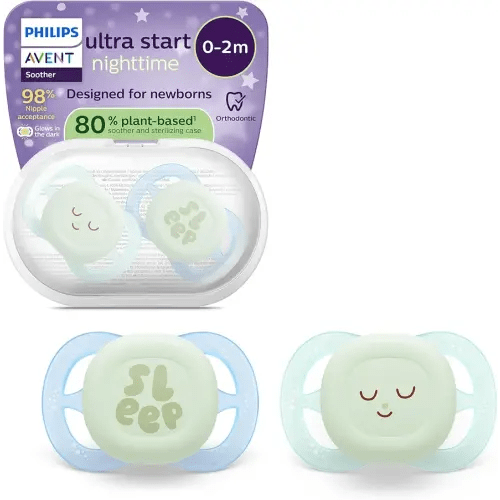 Philips Avent Ultra Start Nighttime Soothers - Orthodontic Design, for Newborns, Glow in The Dark, Soft Silicone Symmetrical Teat, BPA-Free, with Sterilizing Case, 2 Pack, SCF075/18 : Amazon.co.uk: Baby Products