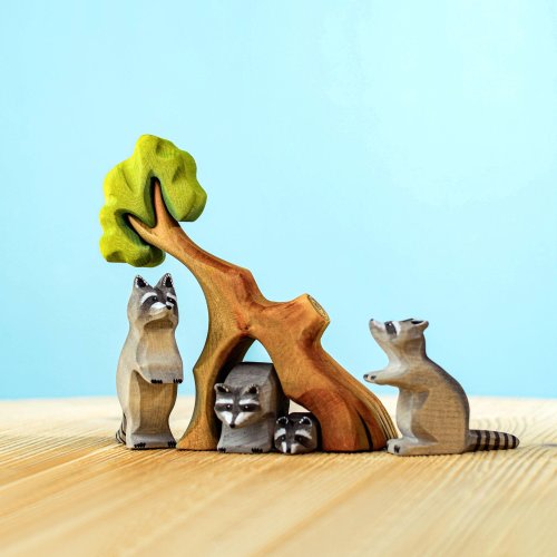 Wooden Raccoon Family with Hollow Tree | Waldorf Montessori Toy