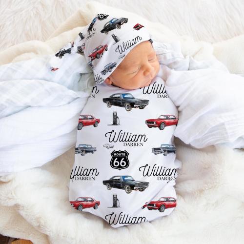 Classic Car Swaddle Set, Route 66 Swaddle Blanket, Personalized Sports CarBaby Blanket, Car Nursery Theme, Newborn Blanket, Vintage Cars T83