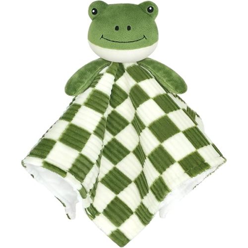 Baby Lovey Blanket for Boys Girls Super Soft Checkerboard Gingham with Minky Dot Fabric Backing Frog Stuffed Animal Lovely Snuggle Toy Green 14 Inch