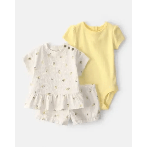 Baby Girl 3-Piece Lemon Top, Bodysuit & Short Set - Yellow/Ivory | Carter's