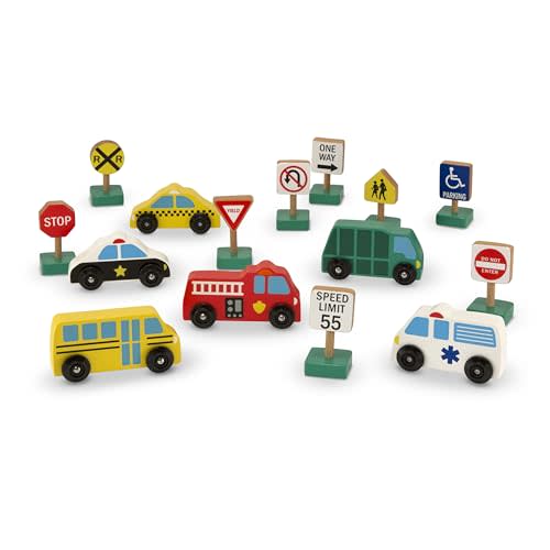 Melissa & Doug Wooden Vehicles and Traffic Signs with 6 Cars and 9 Signs
