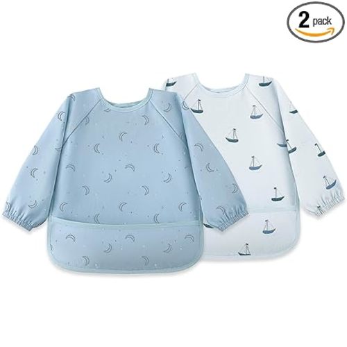 Susurration Baby Long Sleeve Bib Waterproof Sleeved Bib Smock for Baby | 2 Pack Baby Reusable Feeding bibs, 6-36 Months Baby Feeding Essentials - Blue Boat