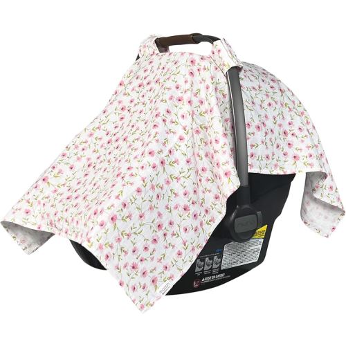 MOZAH Baby Car Seat Cover - Pink Floral Leaves - 100% Organic Muslin - Soft, Breathable and Lightweight, Baby Infant Car Seat Essentials