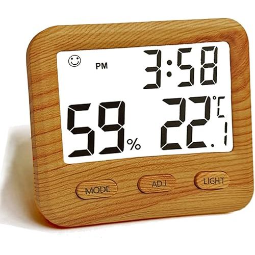 Digital Hygrometer Indoor Thermometer, Temperature Humidity Gauge with Desk Clocks for Bedroom Office,Backlit Accurate Monitor Clear Reading,Time Display Room Thermometer for Home Greenhouse Wooden