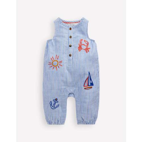 Button Down Romper-Glacier Blue Ocean Embroidery