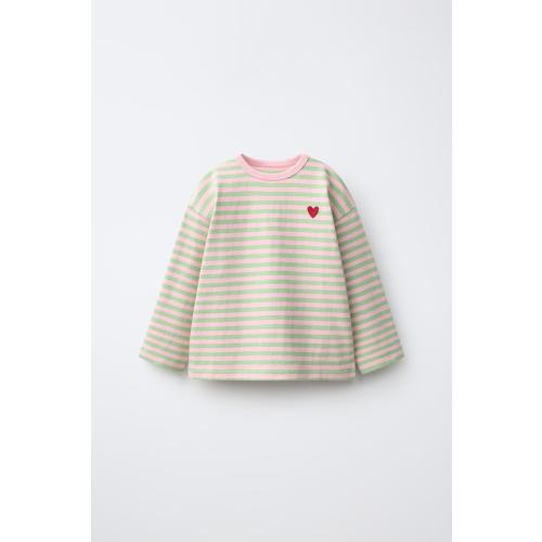 EMBROIDERED HEART STRIPED T-SHIRT - Mid-green | ZARA United States