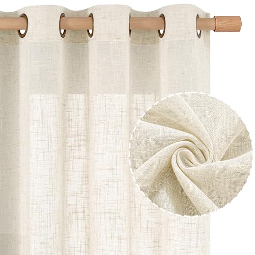 Cream Ivory Linen Semi Sheer Curtains 84 inch Length for Bedroom | Light Filtering, Living Room Curtains, Soft Thick Neutral, Drapes for Farmhouse, Bronze Grommet, 2 Panels, 52 x 84 Inch