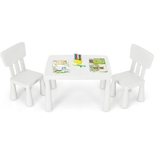 Costzon Kids Table and Chairs, 3 Piece Plastic Easy Clean Children Activity Desk for Reading, Drawing, Snack Time, Arts Crafts, Preschool, Kindergarten & Playroom, Toddler Table and Chair Set (White)